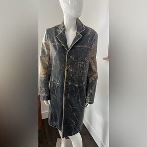 Vintage Men's Black and Tan Distressed Faux Leather Coat